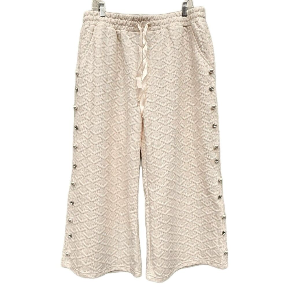 Simply Southern Quilted Lounge Wide Leg Pants XXL Vanilla Cream Pearl Rhinestone